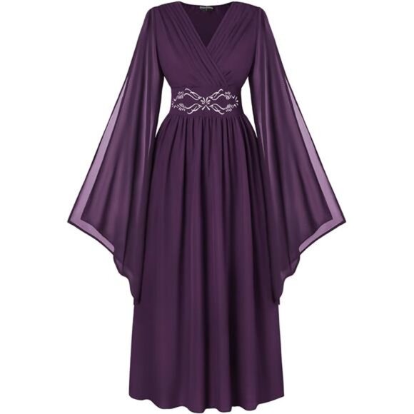 Women's Renaissance Costume Wrap V Neck Medieval Dress Purple - Picture 1 of 7